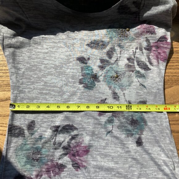 Daytrip Overlay Top, Gray/Grey with Purple &Turquoise Floral, Black Lace Back - Picture 6 of 6